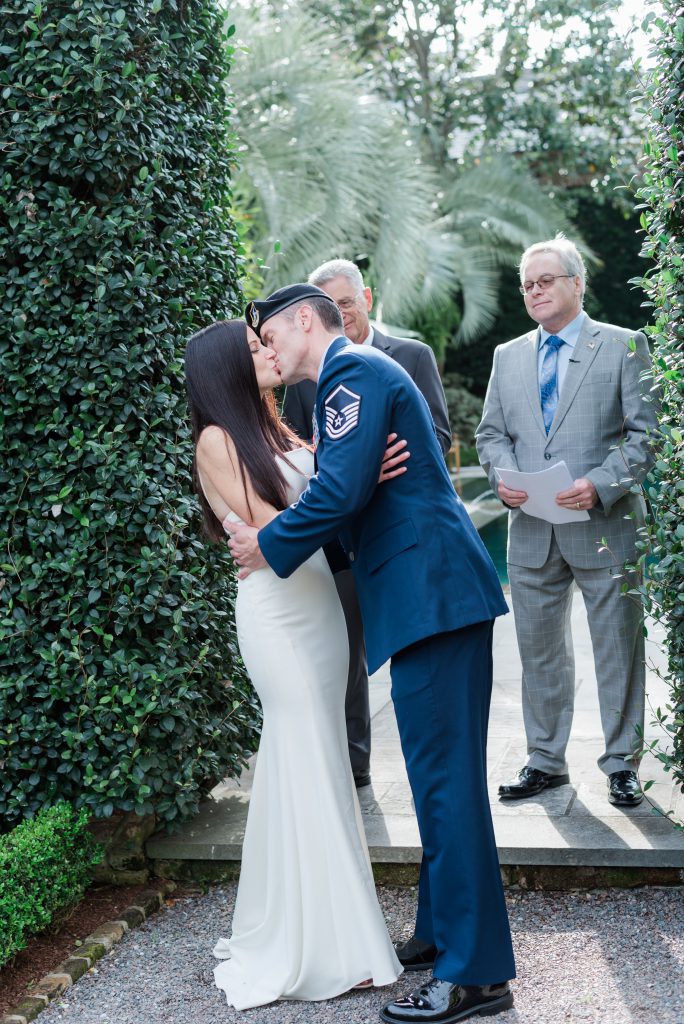 First kiss at Charleston Elopement