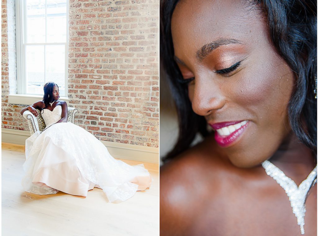 bride lounging on chair and close up of makeup