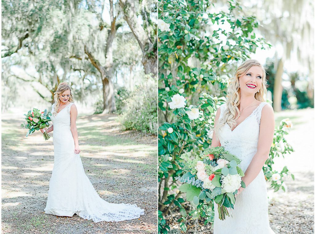 blonde bride standing in avenue of oaks and flowers
