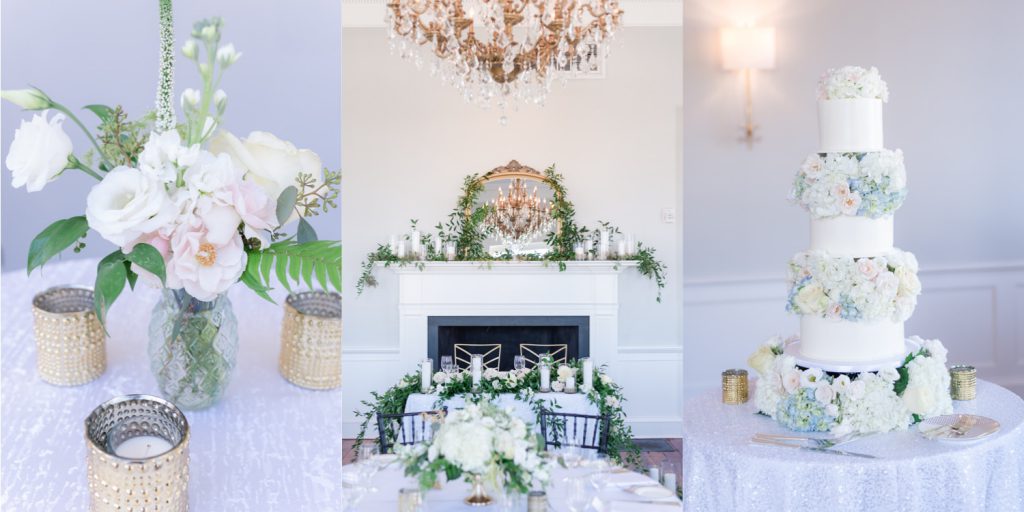 Wedding reception details of florals, head table and cake inside at the Gadsden House