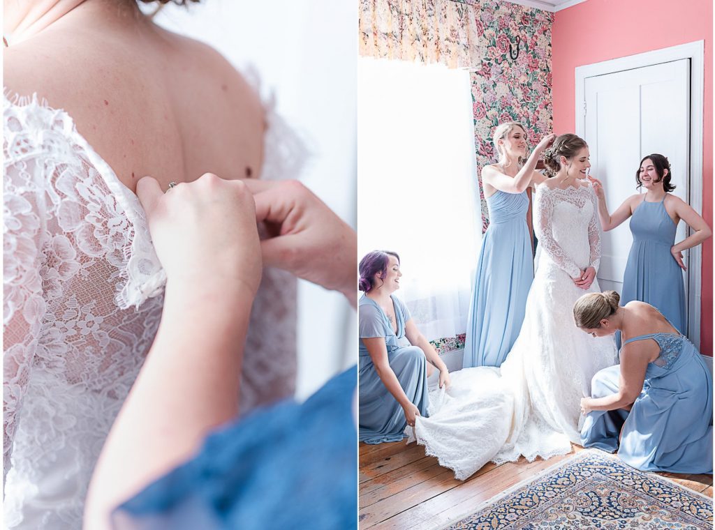 bride getting dressed at Old wide-awake plantation bridal suite