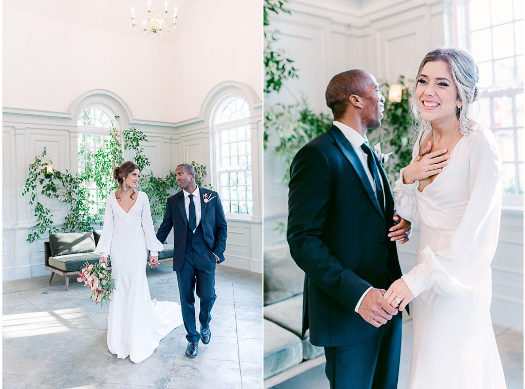 newlyweds hold hands inside chapel