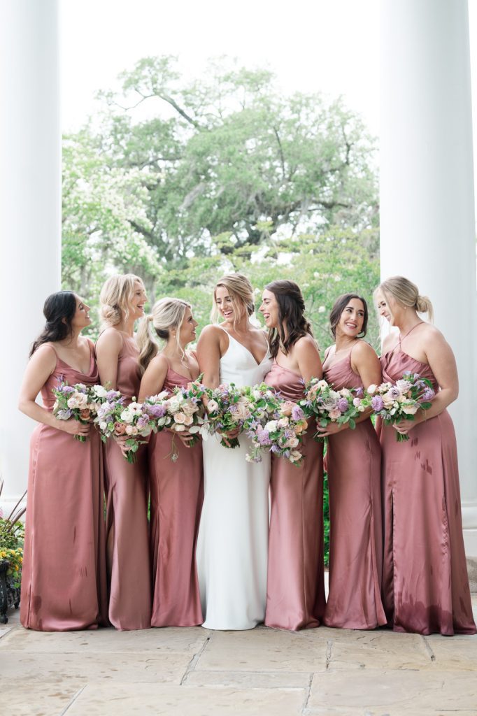 Bridal party on front porch of Boone Hall wedding venue mount pleasant sc