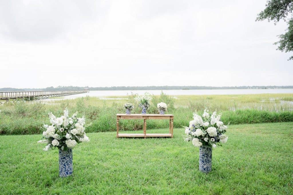 outside wedding ceremony overlooking Ashley River