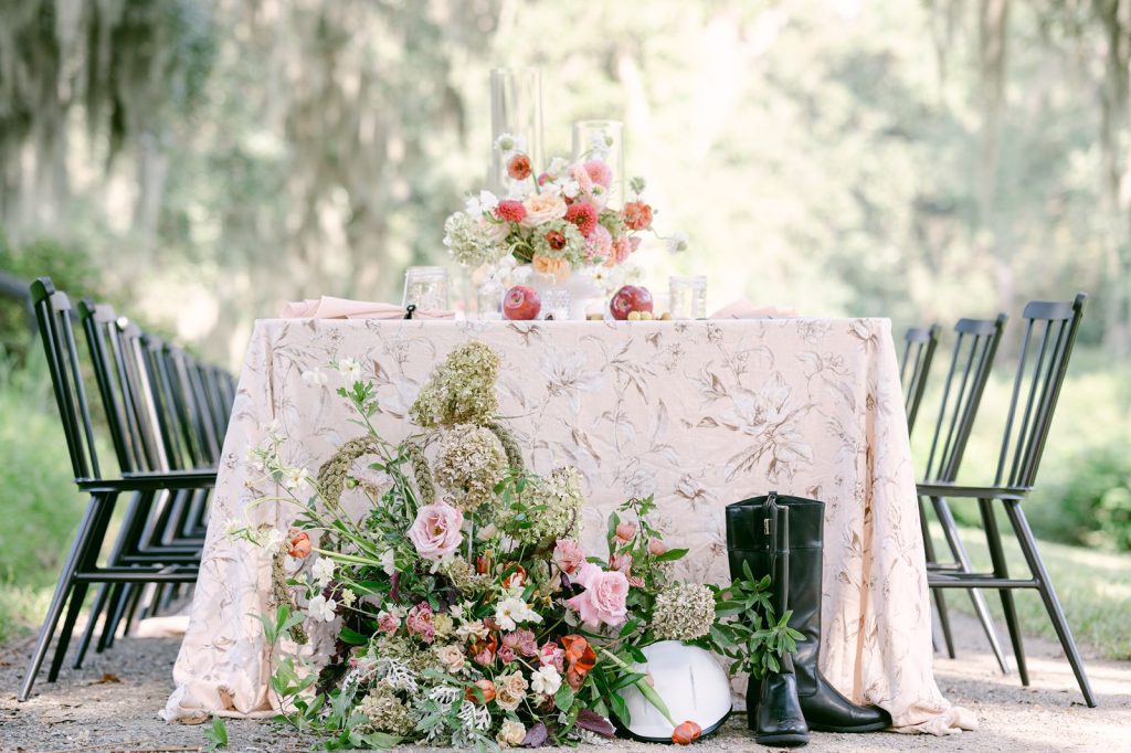 floral arrangement set at foot of table