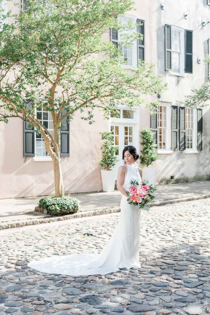 bridal portrait on cobblestone street in Charleston