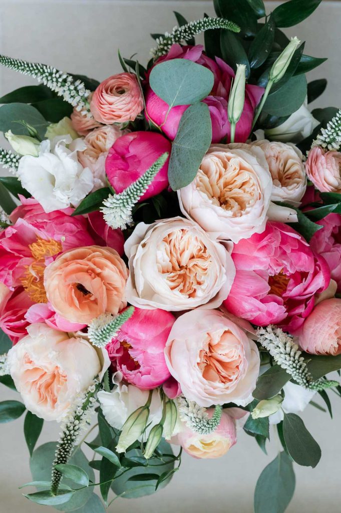 floral bouquet with blush and hot pink peonies