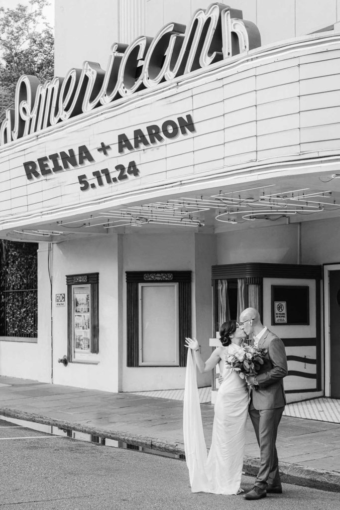 Readerboard of the American theater stating Reina and Aaron were married on May 11, 2024
