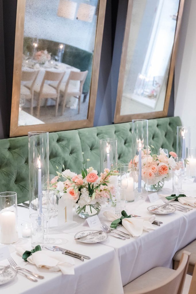Sophisticated tablescape at intimate wedding reception at Parcel 32